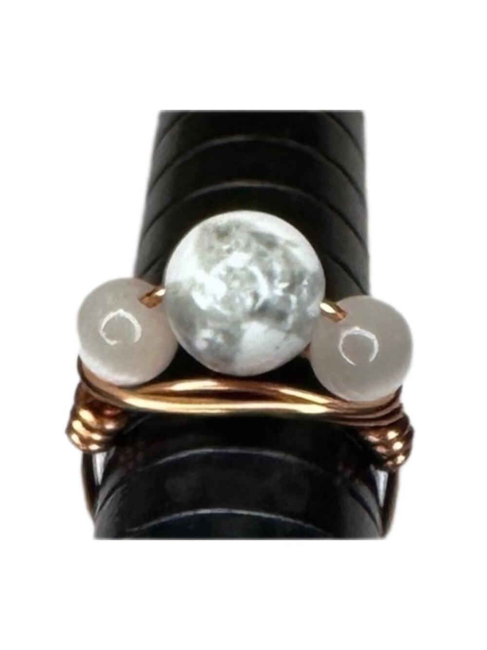 Copper ring White grey glass bead cat eye handmade cooper wire wrap size 6